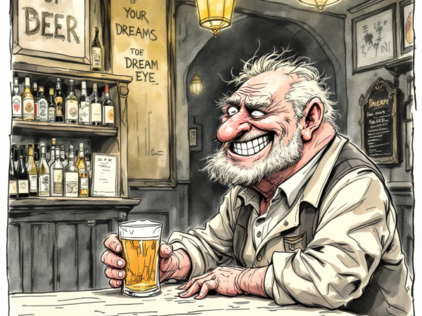 Satirical cartoon for 45 Day Delay — Gary Gourmet at the pub bar, daydreaming of a SpaceX rocket.