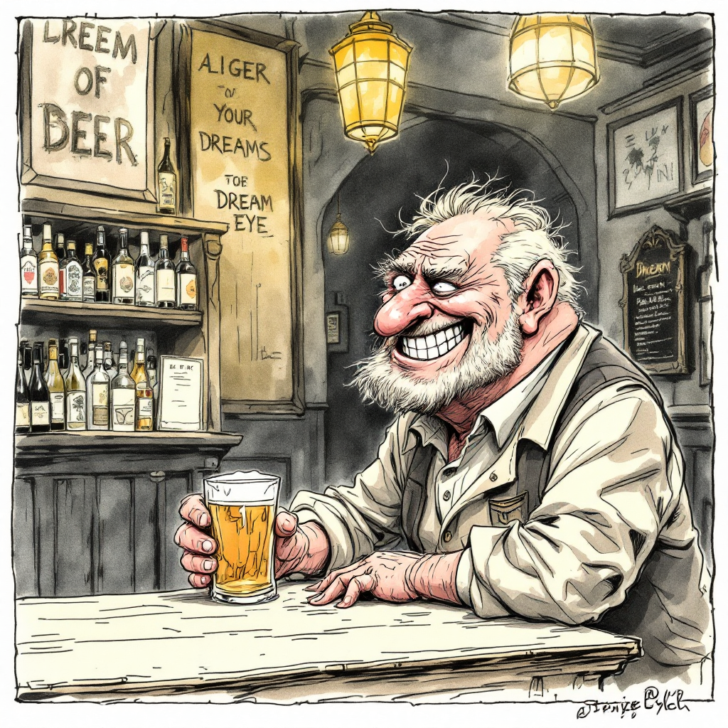 Satirical cartoon for 45 Day Delay — Gary Gourmet at the pub bar, daydreaming of a SpaceX rocket.